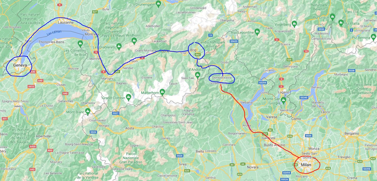 Google map with the train route from Geneva to Milan